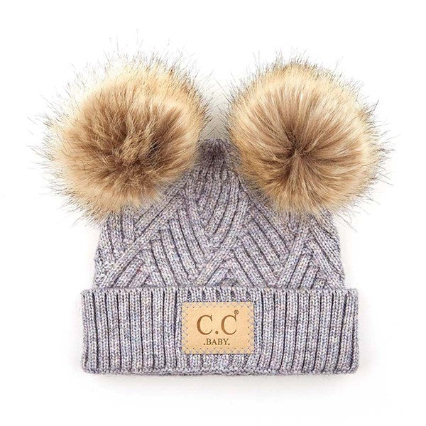 CC Baby Double Pom Criss-Cross Pattern Beanie