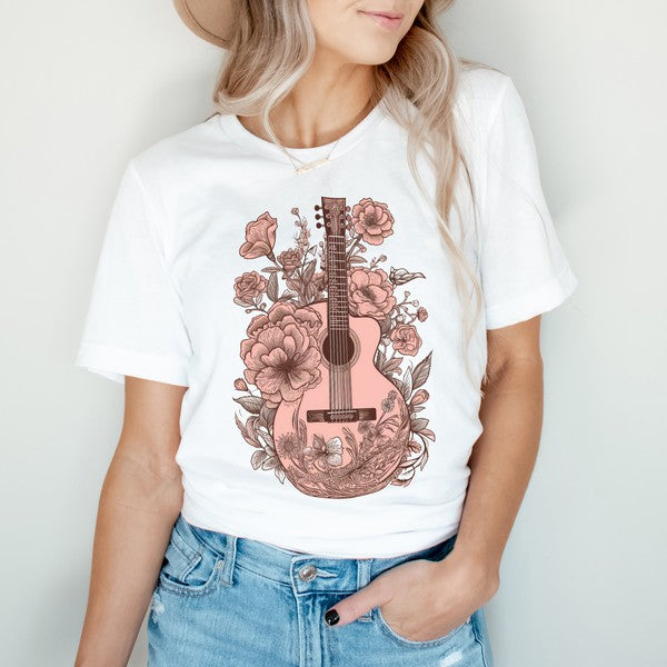 Pink Guitar Floral Short Sleeve Graphic Tee