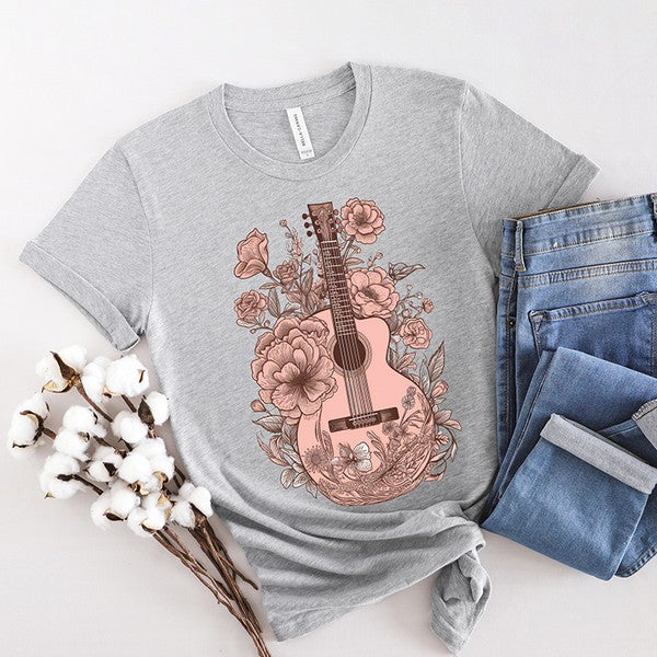 Pink Guitar Floral Short Sleeve Graphic Tee