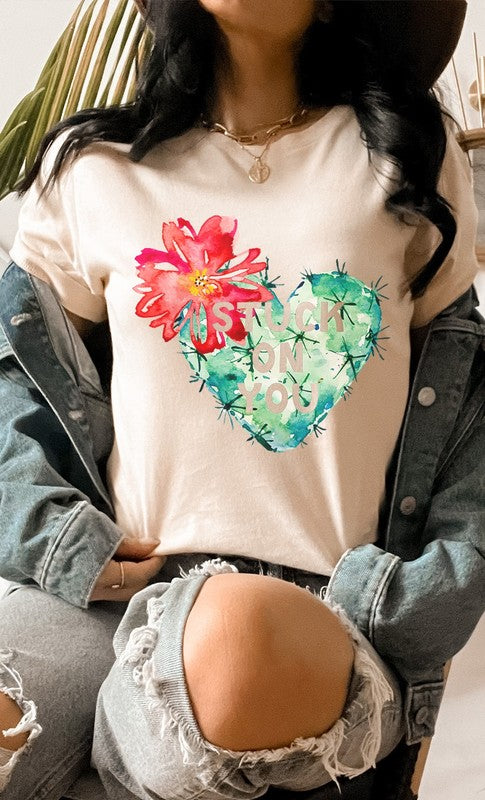 Blooming Cactus Stuck on You Valentine Graphic Tee T-Shirt