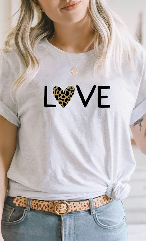 Love Leopard Print Heart Valentines Graphic Tee T-Shirt