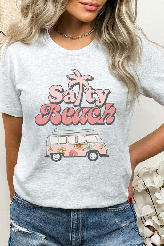 Salty Beach Van Palm Tree Sand Surf Graphic Tee T-Shirt