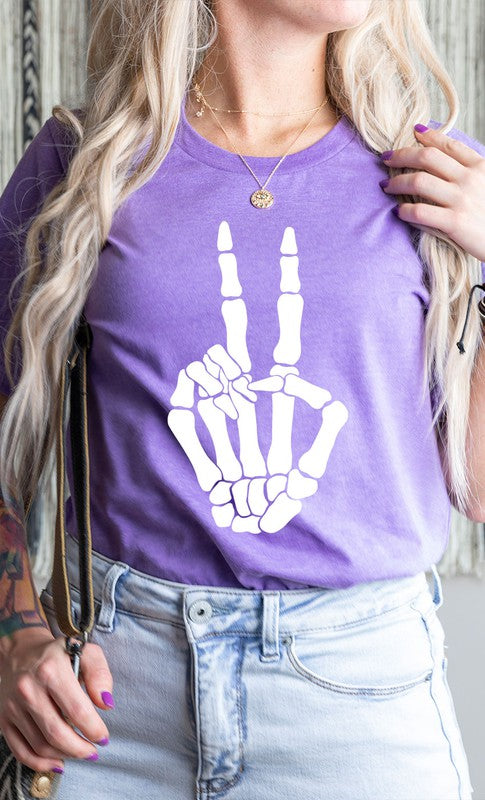 Skeleton Peace Sign Graphic Tee T-Shirt