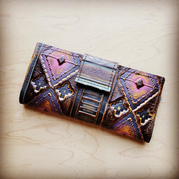 Embossed Leather Wallet in Magenta w/ Snap