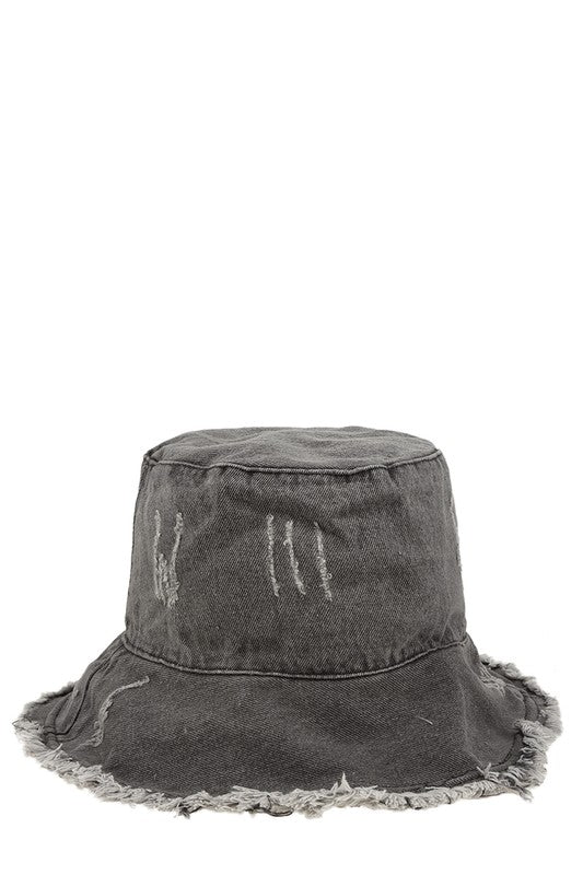 Distressed Denim Bucket Hat with Wired Brim