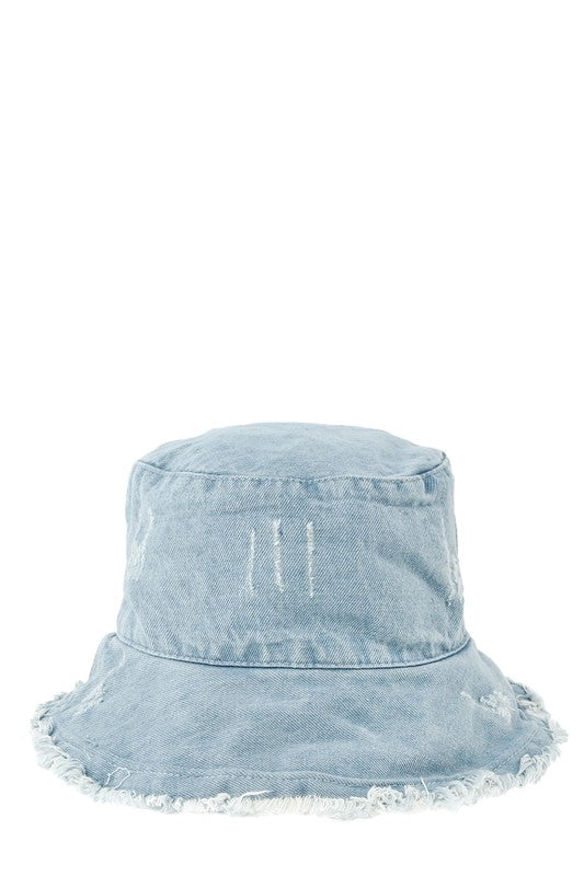 Distressed Denim Bucket Hat with Wired Brim