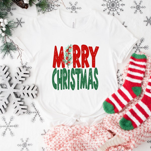 Red And Green Merry Christmas Short Sleeve Tee