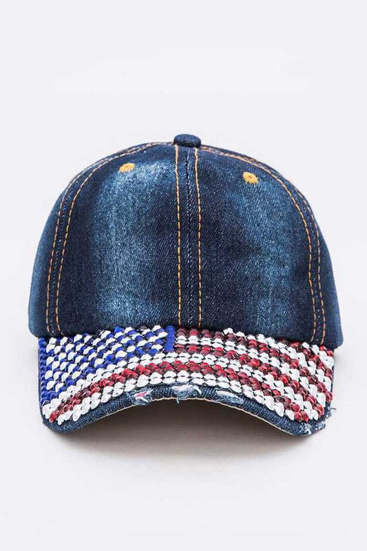 Rhinestone USA Flag Brim Baseball Cap