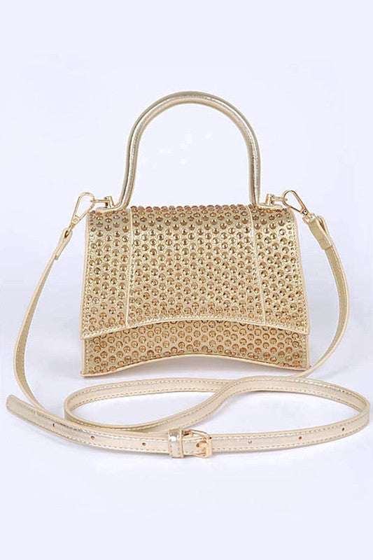 Rhinestone Metallic Top Handle Crossbody Bag