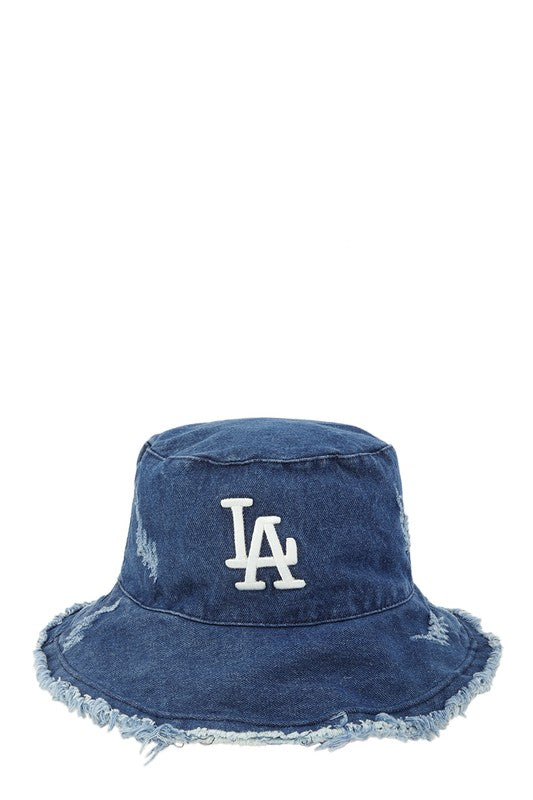 Distressed Denim LA Bucket Hat with Wired Brim