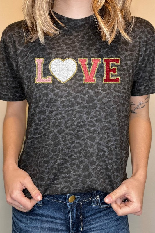 Love Faux Chenille Letters Black Leopard Tee T-Shirt