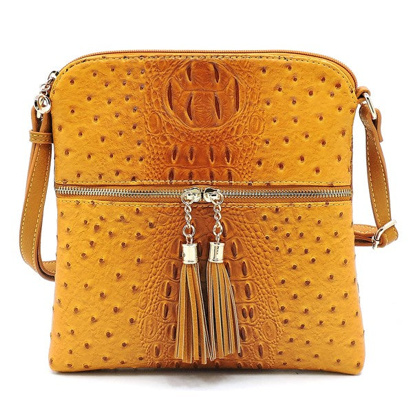 Ostrich Croc Zip Tassel Crossbody Bag