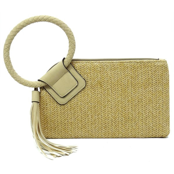 Straw Cuff Handle Tassel Wristlet Clutch