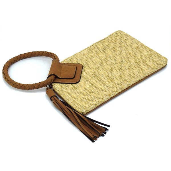 Straw Cuff Handle Tassel Wristlet Clutch