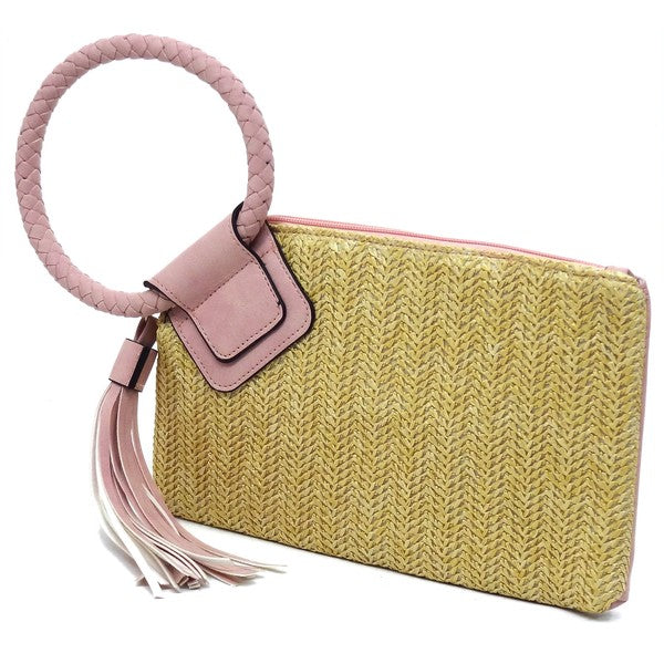 Straw Cuff Handle Tassel Wristlet Clutch