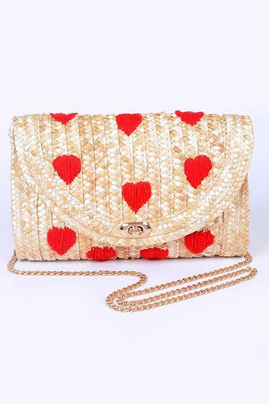 Heart Pattern Straw Convertible Clutch Bag