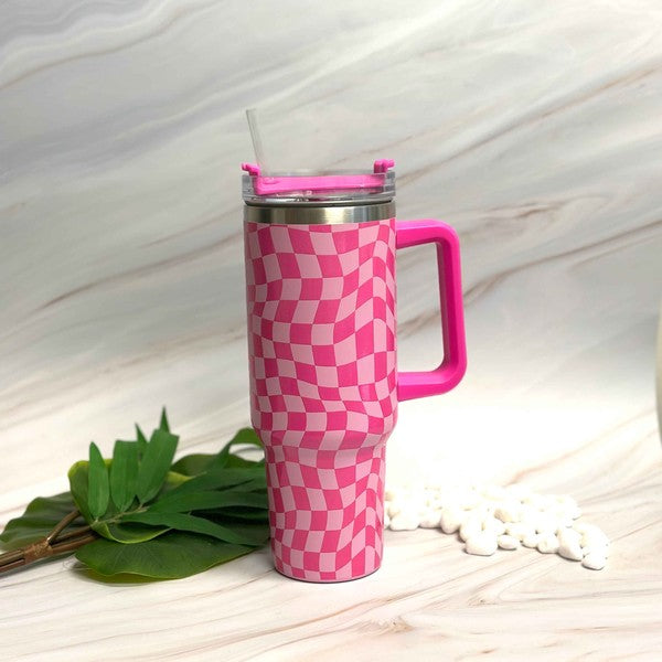 Stylish Checker 40oz Tumbler Cup With Handle