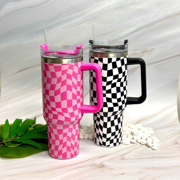 Stylish Checker 40oz Tumbler Cup With Handle