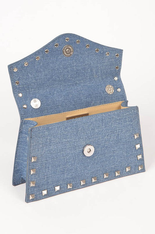 Studded Top Handle Denim Swing Bag