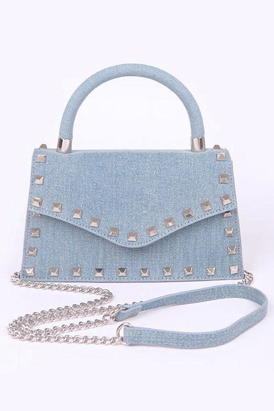 Studded Top Handle Denim Swing Bag