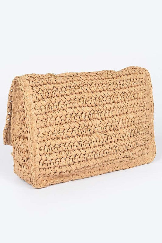 Faux Straw Turn Lock Shoulder Bag