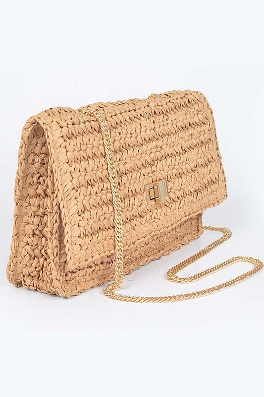 Faux Straw Turn Lock Shoulder Bag