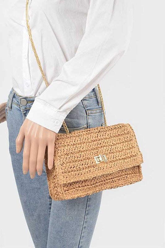 Faux Straw Turn Lock Shoulder Bag