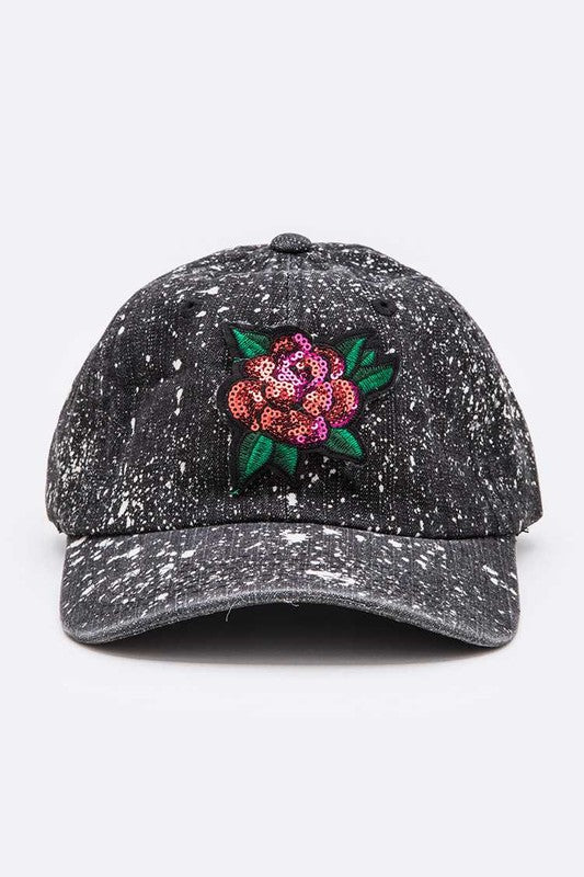 Sequin Rose Patch Paint Splattered Cotton Cap