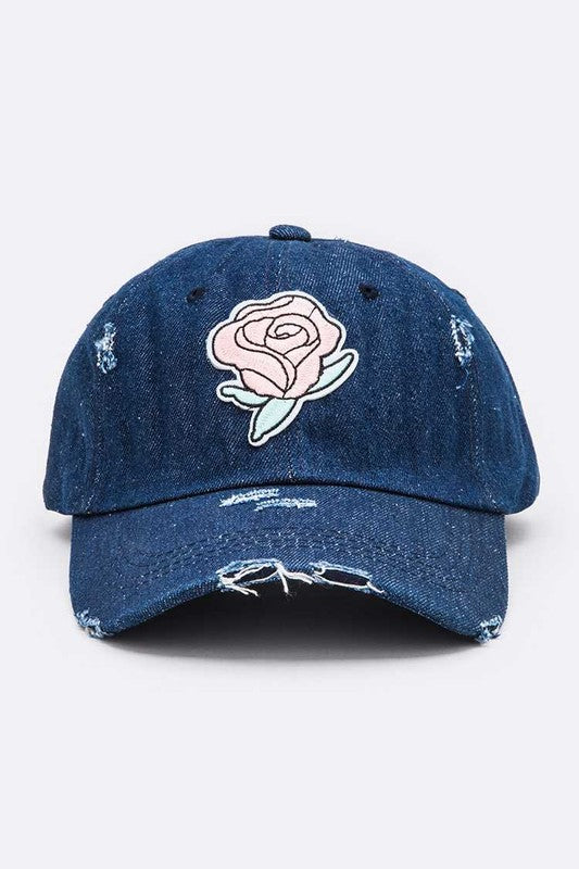 Rose Patch Distressed Denim Cap