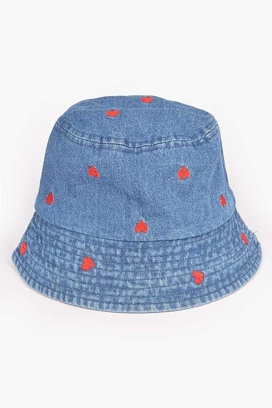 Heart Embroidered Denim Bucket Hat