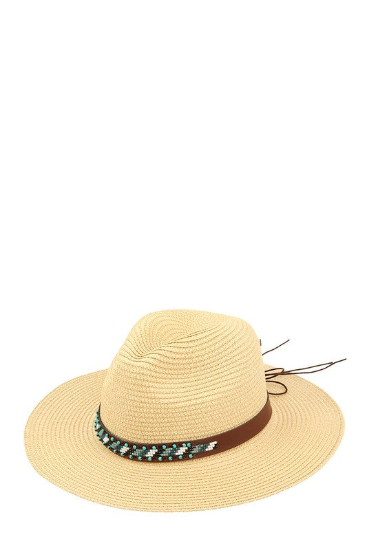 Turquoise Beads Decorated Band Straw Hat