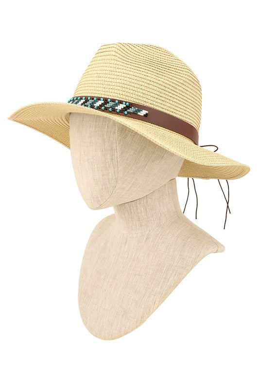 Turquoise Beads Decorated Band Straw Hat