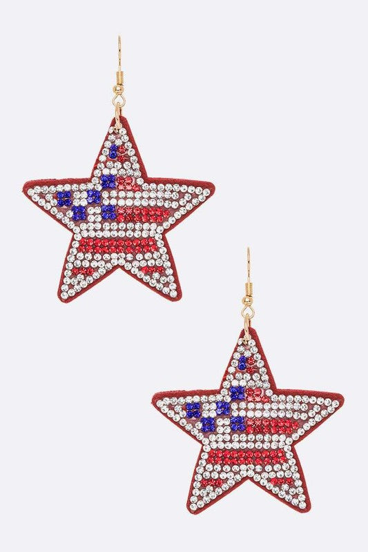 American Flag Print Rhinestone Star Earrings