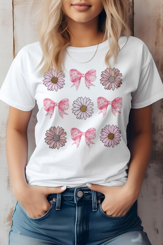 Coquette Pink Bow Daisy Flower Boho Graphic Tee