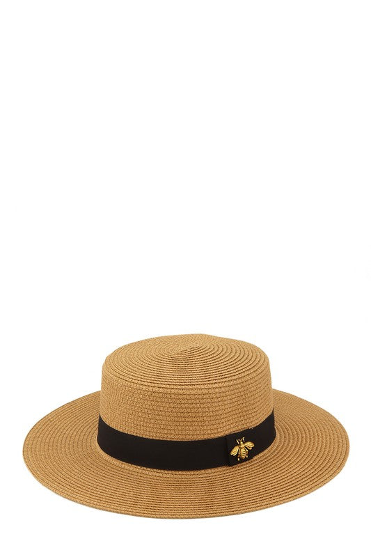 Bee Charm Black Band Flat Top Straw Hat