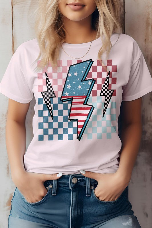 America Flag Lightning Bolt Checker Graphic Tee