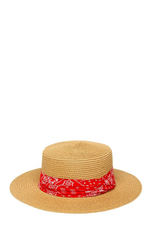 Bandana Wrap Flat Top Straw Hat