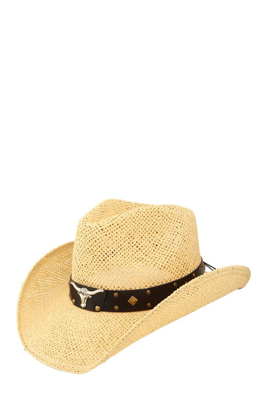 Cow Buckle and Cowboy Style Beaded Straw Hat