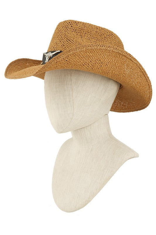 Cow Buckle and Cowboy Style Beaded Straw Hat