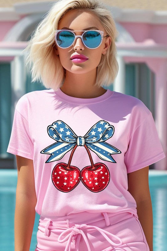 Cherry Coquette USA Bow Graphic T Shirts