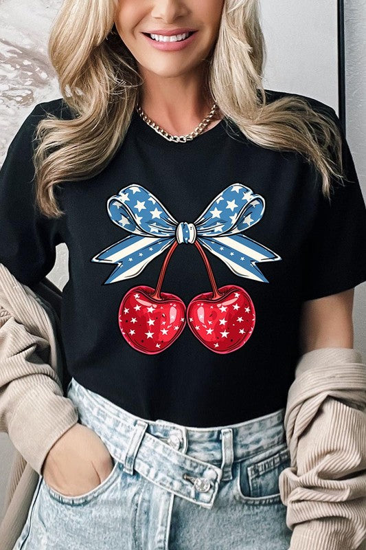 Cherry Coquette USA Bow Graphic T Shirts