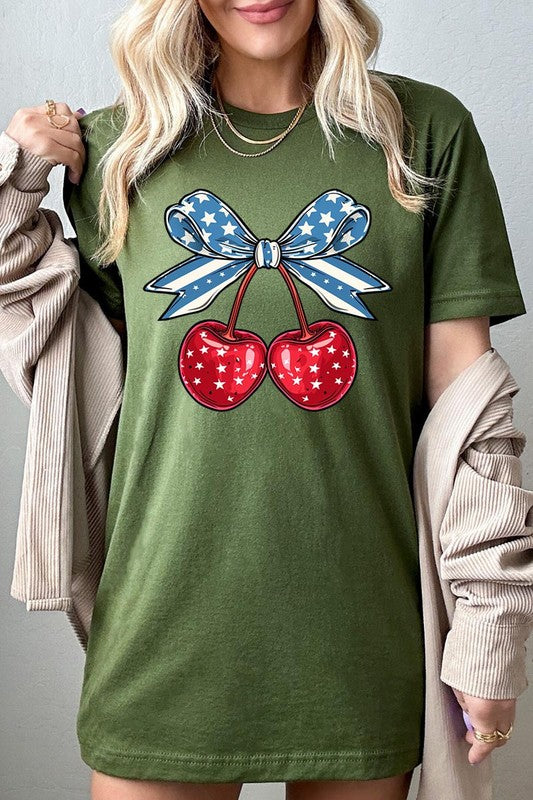 Cherry Coquette USA Bow Graphic T Shirts