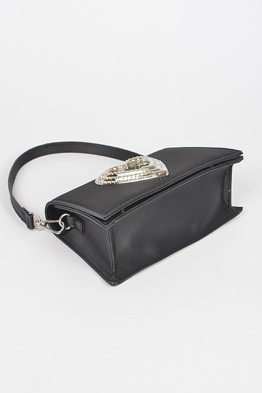 Crystal Heart Satin Top Handle Convertible Clutch