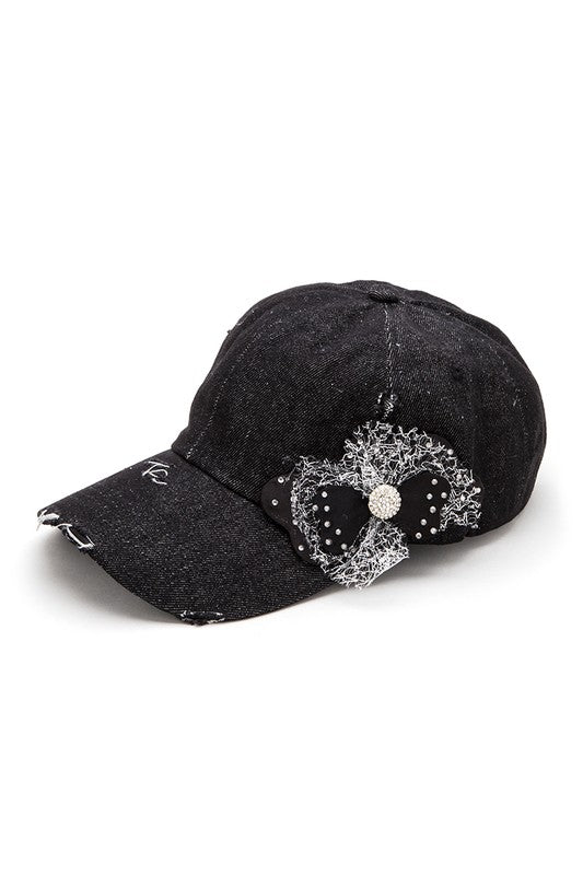 Lace Butterfly Distressed Denim Cap