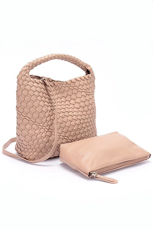 2 In 1 Weaved Faux Leather Top Handle Bag Set