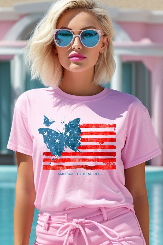 Butterfly USA Flag Graphic T Shirts