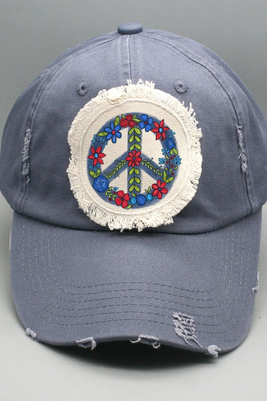 Patriotic USA Blue Floral Peace Sign Hat