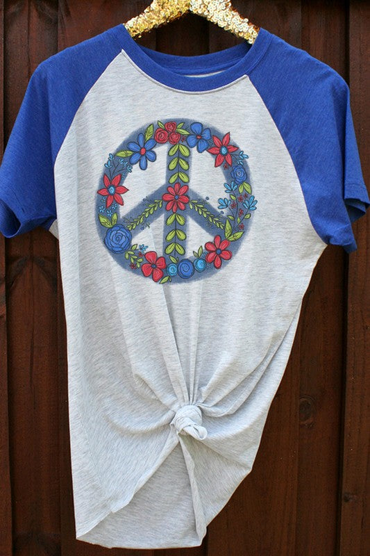 Clearance Blue Peace Sign Short Sleeve Raglan