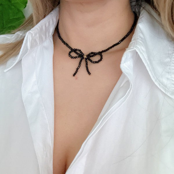 Black Beaded Bow Necklace