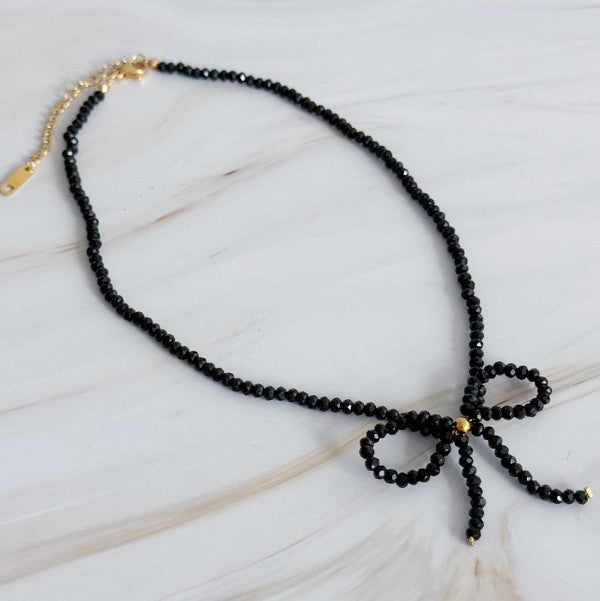 Black Beaded Bow Necklace